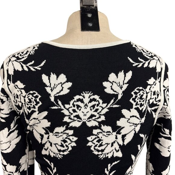 Reversible Black & White Floral Knit Dress 3/4 Sleeves Fit & Flare Style Womens - Picture 10 of 15